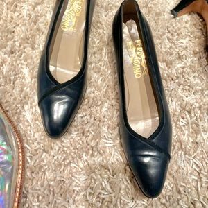 Salvatore Ferragamo Almond Toe Navy Pumps with piping Detail